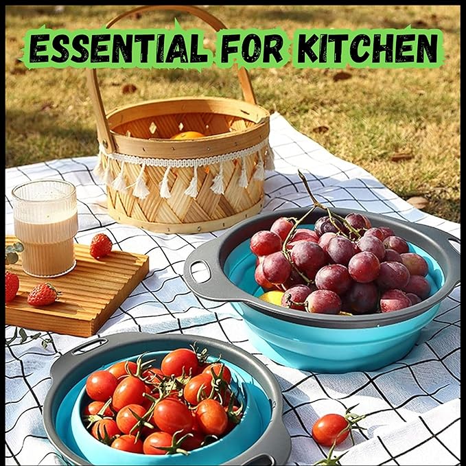 Collapsible Colander 3-Pack Set, Collapsible Strainers for Kitchen, Foldable Space-Saving Colander Strainer Set, Pasta Strainer for Vegetables & Fruits, Durable Non-Slip Strainers and Colanders (Blue)