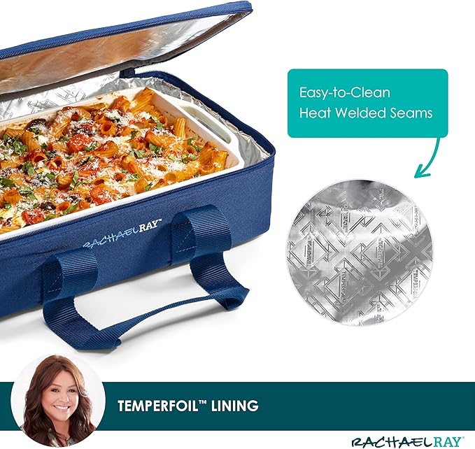 Rachael Ray Lugger Duo, Insulated Casserole Carrier for Hot or Cold Food, Thermal Lasanga Lugger Tote for Potluck, Parties, Picnic, and Cookouts, Fits 9" x 13" Baking Dish, Navy Gingham