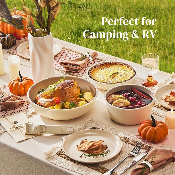 Redchef Ceramic Pots and Pans Set Non Stick, Nonstick Kitchen Cookware Sets, Non Toxic Pots and Pans Set Non Stick, PFAS PFOA & PTFE Free, Detachable Handle Pots and Pans 5 Piece, RV Cookware