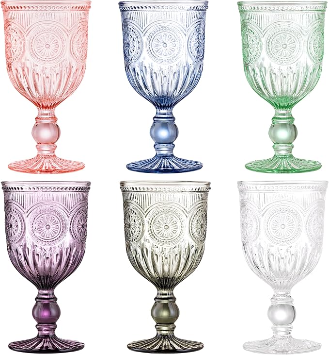 Yungala Multi Color Wine Glasses Set of 6 Vintage Hobnail Goblets 10 oz Dishwasher Safe