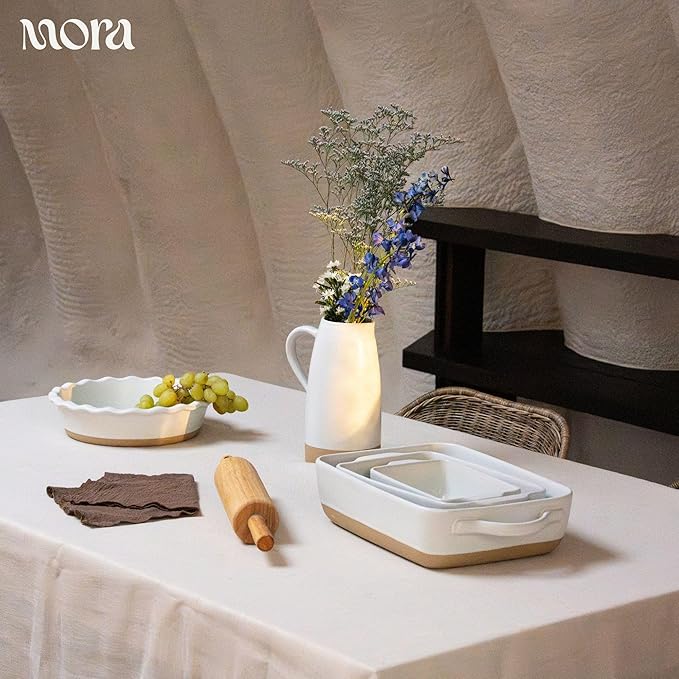 Mora Ceramic Baking Dish with Handles For Casserole, Lasagna, Gratin, Broiling, Roasting, and Baking. Large 9x13 in Pan, Extra Deep - Porcelain Serving Bakeware from Oven to Table. Freezer Safe - Oat