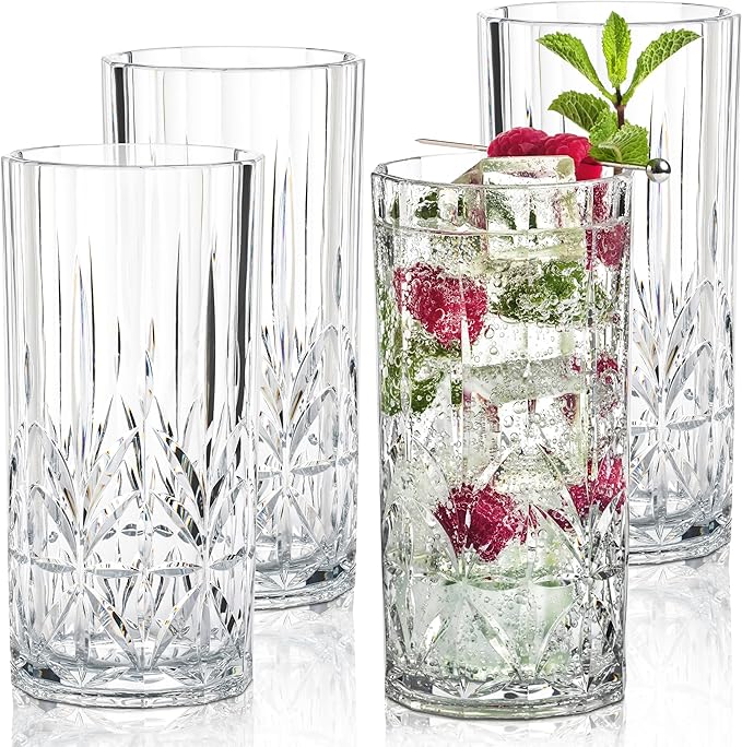 Bravario Unbreakable Plastic Drinking Water Tumblers, Dishwasher Safe 100% Tritan Glasses, BPA-Free Shatterproof Outdoor Highball Drinkware, 18 oz, Set of 4