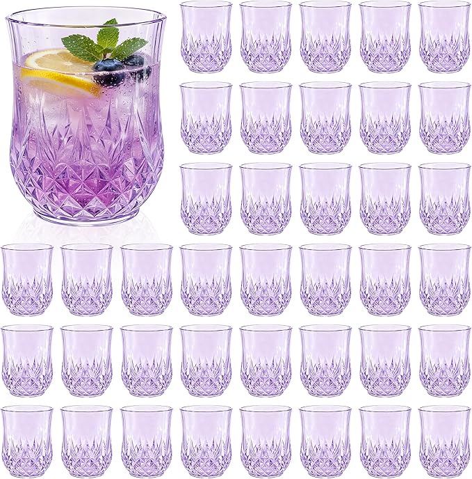 40 Pack Plastic Stemless Wine Glasses,12oz Unbreakable Vintage Elegant Drinking Glass Set,Reusable Fancy Cocktail Cups for Party, Wedding, and Bulk Events (40, 12oz-Purple)
