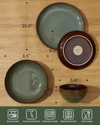 Pokini 16 Piece Double Bowl Dinnerware Sets with Pasta Bowls, Highly Chip and Crack Resistant Plates and Bowls Sets, Natural Earthyware Ceramic Dishware Sets, Service for 4 Sage Green