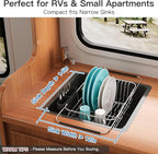 Apartment RV Small Dish Drainer Drying Rack Over The Sink In Stainless Steel for Narrow Kitchen, Counter Space Saving Compact Expandable Metal Plate Dryer Strainer, Modern Above Wire Drain Holder