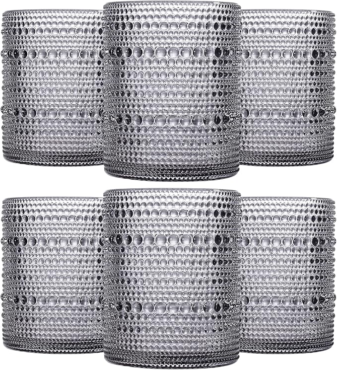 JOVGANK Grey Vintage Hobnail Drinking Glasses Set of 6, Embossed Water Tumbler 12oz, Kitchen & Bar Beaded Glass Cups, Beverage Glass Cups for Water, Beer, Juice, Housewarming and Mother's Day Gift