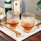Viski Meridian Lowball Glasses Set of 2 - Premium Crystal Clear Vintage Drinking Tumblers for Whiskey, Scotch & Bourbon in Art Deco Ripple Glassware Design, Gold Rimmed Glassware Gift Set, 10.5 oz