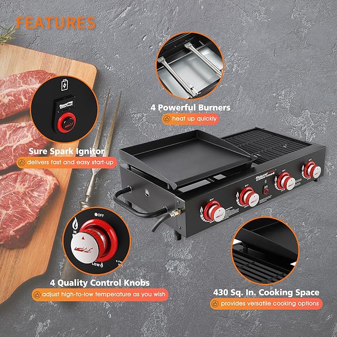Royal Gourmet GD4002T 4-Burner Tailgater Grill and Griddle Combo, Portable Flat Top Propane Gas Grill with 40,000 BTUs Output for Backyard or Outdoor Cooking, Black