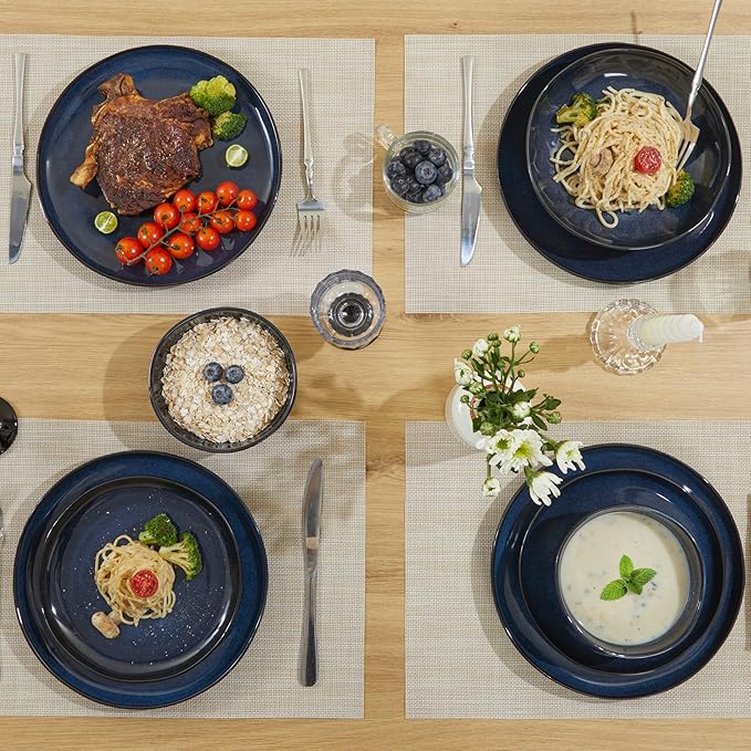 Pokini 24 Piece Ceramic Dinnerware Sets for 8, Starry Blue Reactive Glaze | Unique Coastal Edge for Holiday Gatherings, Thanksgiving, Dinner Parties | Microwave & Dishwasher Safe Stoneware Dish Set