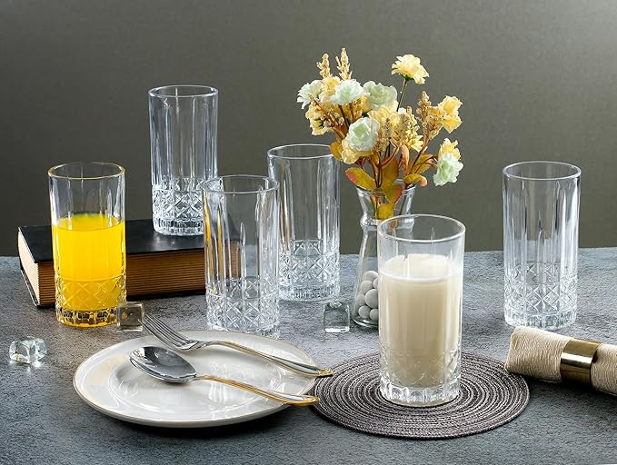 Lorren Home Trends Tall 12 Ounce Drinking Glass-Textured Cut Glass, Set of 6