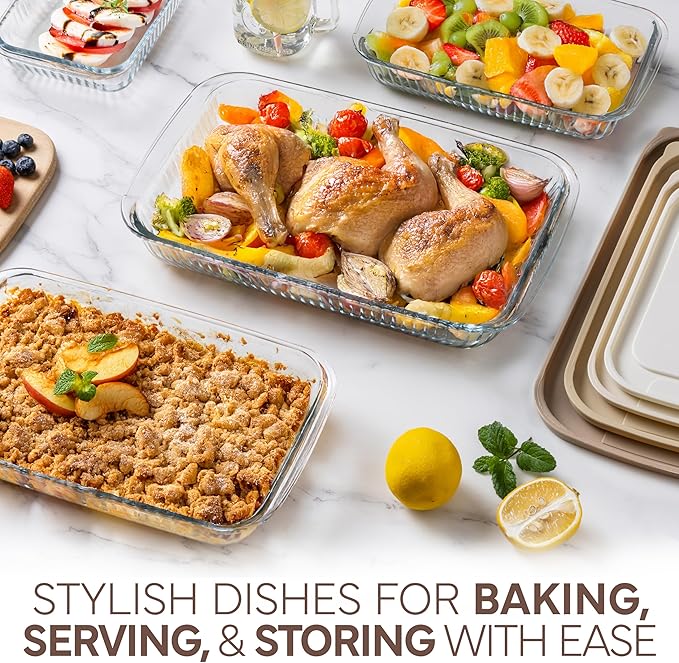 COOK WITH COLOR 8-Piece Deep Glass Baking Dish Set with Plastic Lids – Casserole and Food Storage Containers for Lasagna, Leftovers – Freezer-to-Oven, Microwave & Dishwasher Safe, Brown