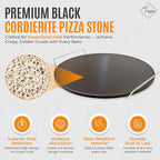 Tenovu Supply 6 Piece Pizza Stone for Oven and Grill with 13" Black Cordierite Stone, Metal Holder/Rack, Stainless Steel Peel, Dough Cutter, Cutter Rocker, and Server - Pizza Oven Accessories