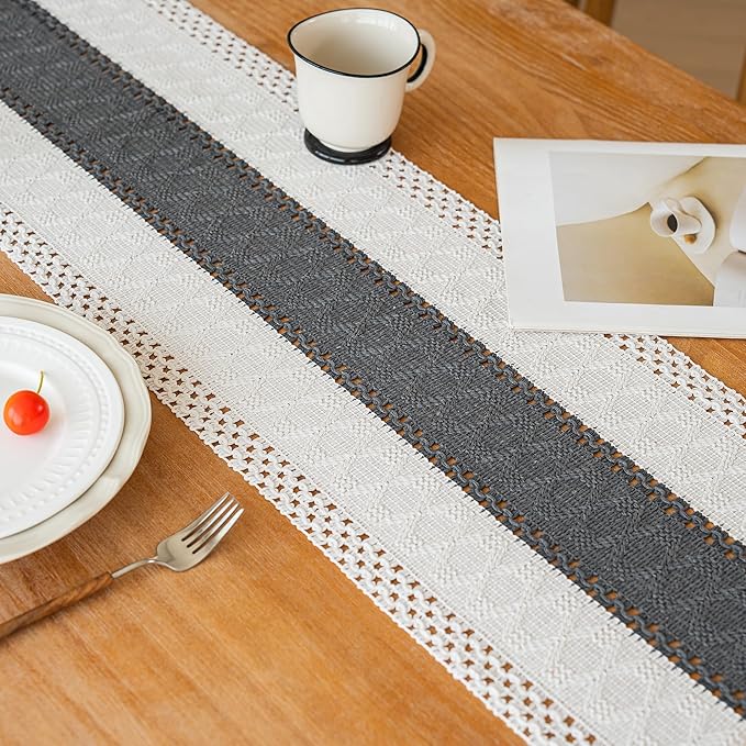 FEXIA Boho Table Runner for Home Decor with Tassels 36 Inches Long,Grey Farmhouse Rustic Table Runner Macrame Burlap Table Decoration for Living Room Bridal Shower(12x36 Inches)