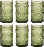 Moretoes Hobnail Drinking Glasses Set of 6,12 Oz Highball Glasses Clear Embossed Boho Water Glass Cups Kitchen Bar Tumbler Glassware Set for Whiskey, Beer, Juice, Milk and Various Mixed Drinks (Green)