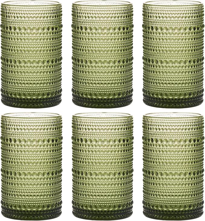 Moretoes Hobnail Drinking Glasses Set of 6,12 Oz Highball Glasses Clear Embossed Boho Water Glass Cups Kitchen Bar Tumbler Glassware Set for Whiskey, Beer, Juice, Milk and Various Mixed Drinks (Green)