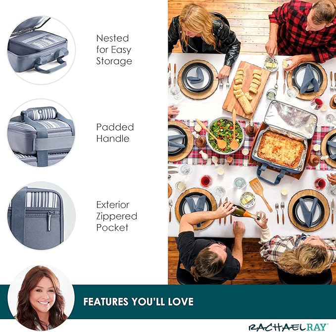 Rachael Ray Lugger Duo, Insulated Casserole Carrier for Hot or Cold Food, Thermal Lasanga Lugger Tote for Potluck, Parties, Picnic, and Cookouts, Fits 9" x 13" Baking Dish, Slate Stripe