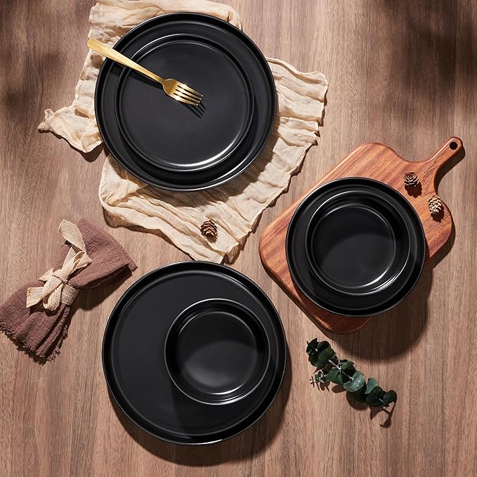 E-far Stoneware Dinnerware Sets for 8, 24-Piece Plates and Bowls Set, Modern Ceramic Dishes Dinning Ware, Microwave & Dishwasher Safe - Matte Black