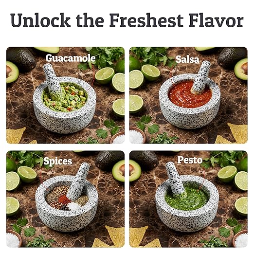 PriorityChef Heavy Duty Natural Granite Mortar and Pestle Set, 4 Cup Carved from Natural Granite, Make Fresh Guacamole, Stone Grinder Bowl, Herb Crusher, Spice Grinder, White