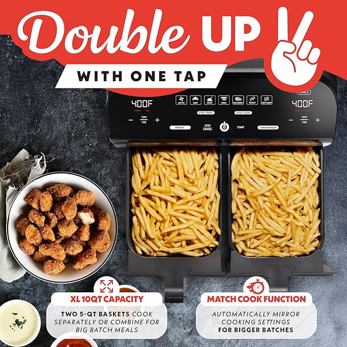 Gourmia Dual Basket Air Fryer - 10 Qt Large Capacity, FryForce360º, Digital Display with 7 Presets, Roast, Bake, Broil, Dehydrate, Match Cook, Sync Finish, Dishwasher Safe Accessories, Black