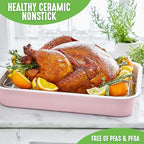 GreenLife 16.5” x 12” Healthy Ceramic Nonstick Roasting Pan with Stainless Steel Roaster Rack, PFAS-Free, PFOA-Free, Dishwasher Safe, Oven Safe, Easy Pouring Rims, Soft Pink