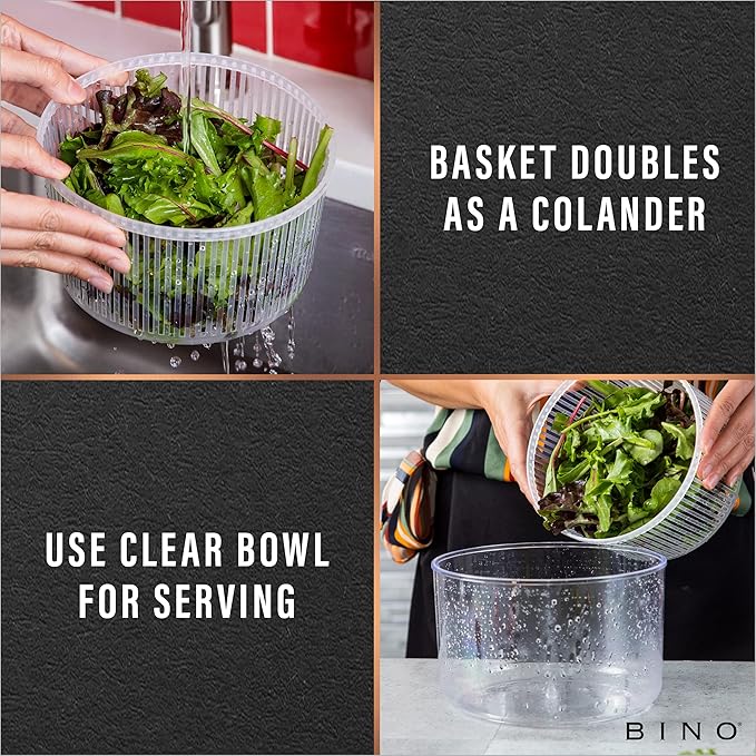 BINO | Salad Spinner - 2.75 Qt | Small Manual Lettuce Spinner | Salad Spinner with Salad Bowl for Serving | Fruit & Vegetable Basket & Spinner | Pasta and Herbs Spinner with Colander | Kitchen Gadgets