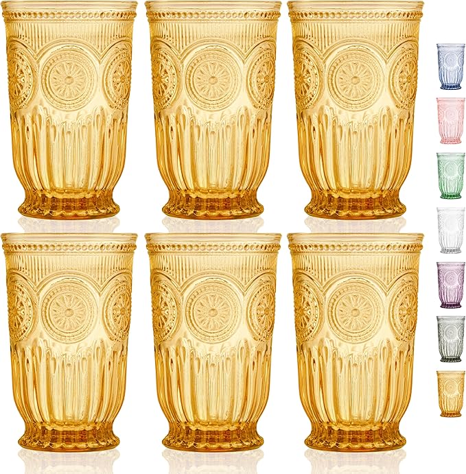 Yungala Amber Highball Glasses Set of 6 10 oz Vintage Hobnail Tall Drinking Glasses