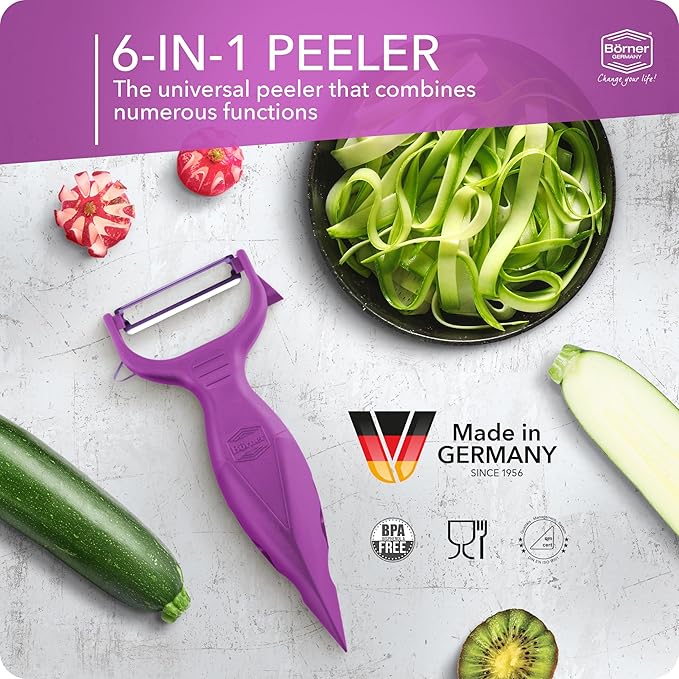 Börner Vegetable Peeler (6-in-1) • Garnishing Peeler with Grater • Multifunctional Peeler for Fruits & Vegetables • Fruit Peeler, Universal Peeler, Potato Peeler • Color: Purple