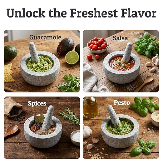 Priority Chef Heavy Duty Large Mortar and Pestle Set, Hand Carved from Natural Granite, Make Fresh Guacamole, Pesto, Stone Grinder Bowl, Herb Crusher, Spice Grinder, 6.3 Inches Wide, 2 Cup - Grey
