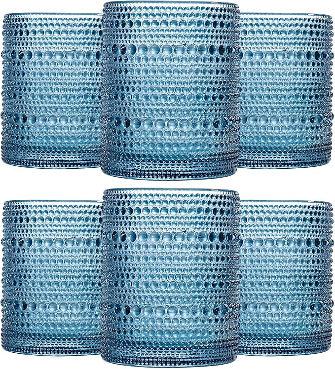 JOVGANK Blue Vintage Hobnail Drinking Glasses Set of 6, Embossed Water Tumbler 12oz, Kitchen & Bar Beaded Glass Cups, Beverage Glass Cups for Water, Beer, Juice, Housewarming and Mother's Day Gift