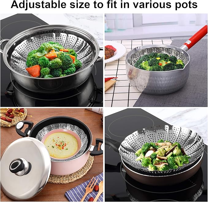 Zocy Steamer Basket, Stainless Steel Vegetable Steam Baskets for Steaming Cooking Expandable to Fit Various Size Pot (5.5" to 9.3")