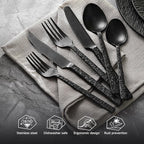 KINGSTONE 48 Pcs Black Hammered Silverware Set with Steak Knives for 8, 18/10 Stainless Steel Heavy Duty Flatware Set, Tableware Cutlery Utensil Sets for Home Restaurant Dishwasher Safe