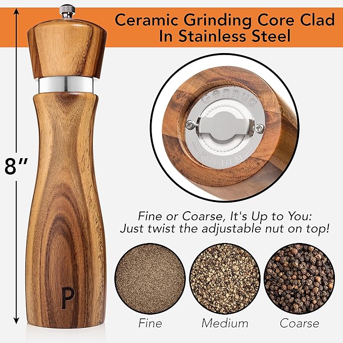 Gennua Kitchen Wooden Salt and Pepper Grinder Set: Refillable Salt & Pepper Mills Adjust for Customized Coarseness, Crafted of Solid Acacia Wood with Ceramic/Stainless Steel Core, 8 Inches Each