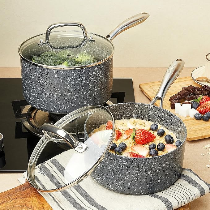 Kitchen Nonstick Saucepan Set - 1 Quart and 2 Quart Sauce Pan Set with Lid - Multipurpose Pots Set Use for Home Kitchen or Restaurant (Grey Granite)