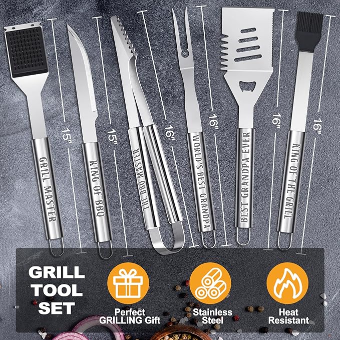 Grandpa Gifts, Grandpa Birtdhay Gifts from Grandkids Heavy Duty Grilling Accessories Kit for Backyard BBQ, Thick Stainless Steel Grill Utensils with Non-Slip Handle Tool on Christmas Grandparents Day