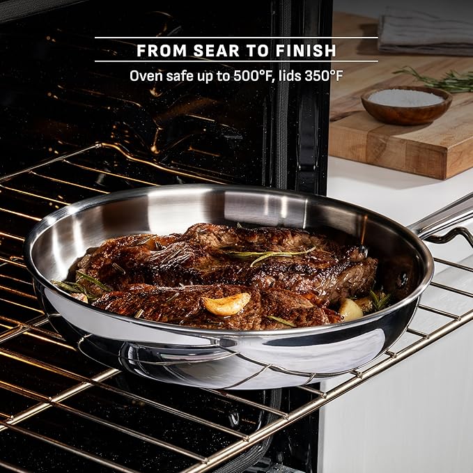 T-Fal Pro Tri-Ply Stainless Steel Sauce Pan with Lid, 2 Quart Saucepan with Lid, Induction Pot, Oven Safe 500F, Lid-350F, Fast & Even Heat, Professional Quality & Durability, Silver