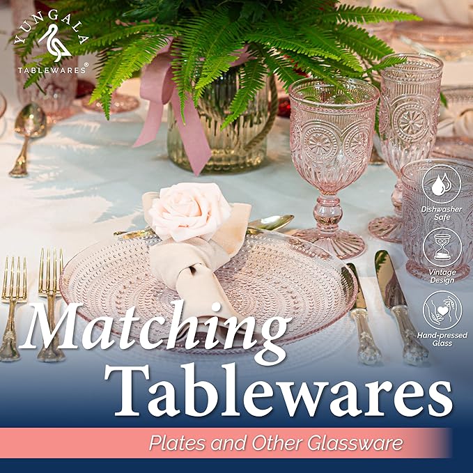 Yungala Pink Wine Glasses Set of 6 Vintage Hobnail Goblets 10 oz Transparent Glassware with Stems Dishwasher Safe