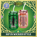 Dragon Glassware x Wicked 16 oz Drinking Glasses Set of 2 - Glass Cups with Lids and Straws - Iced Coffee Cups with Lids - Reusable Glass Tumbler with Straw and Lid - Enchanted