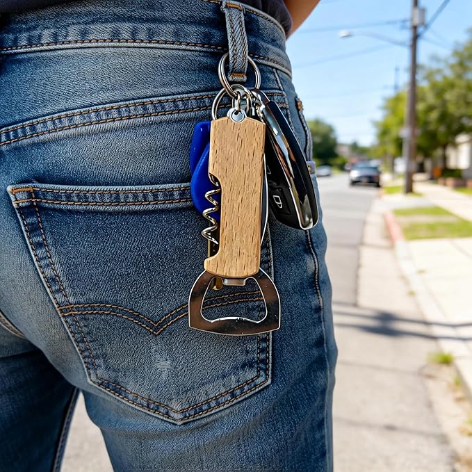 3-in-1 Bottle Opener Keychain (3 Pack), Wooden Handle Corkscrew, Foil Cutter & Beer Opener, Portable Key Ring Bar Tool for Home, Camping, Travel & Outdoor Use
