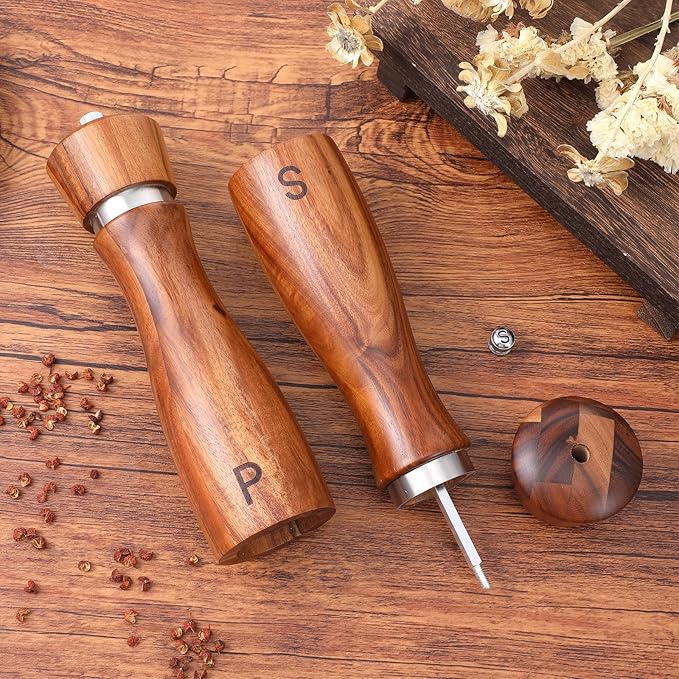 Kifmurase 2PCS Wooden Salt and Pepper Grinder Set, 8.7 inch Manual Refillable Salt Pepper Mills with Adjustable Coarseness, Solid Acacia Wood with Ceramic Grinding Core, Peppercorn Shaker Tableware