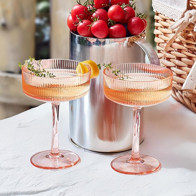 Khen Shatterproof Acrylic Ribbed Vintage Art Deco Martini, Champagne & Cocktail Coral Peach Pink Plastic Coupe Glasses | Set of 2 | 8 oz Ripple Glassware Indoor & Outdoor Gift