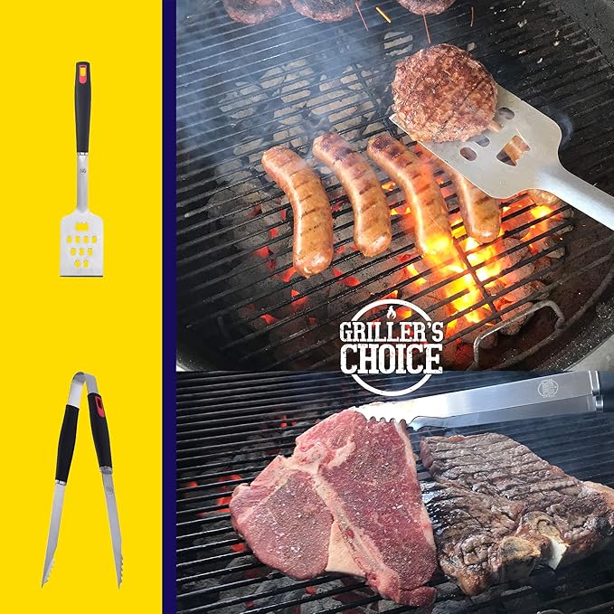 Grillers Choice -Grill Accessories for Outdoor Grill-4 pc -Grilling Tools. Commercial Professional Barbecue Set. Heavy Duty and Strong. BBQ Thongs, Fork, Spatula, Baster by Grillers Choice