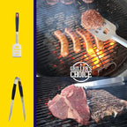 Grillers Choice -Grill Accessories for Outdoor Grill-4 pc -Grilling Tools. Commercial Professional Barbecue Set. Heavy Duty and Strong. BBQ Thongs, Fork, Spatula, Baster by Grillers Choice