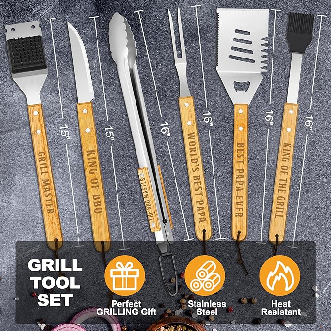 Papa Gifts from Grandkids, Papa Grilling Gift Heavy Duty Wooden BBQ Grilling Accessories Kit for Backyard, Thick Stainless Steel Grill Utensils with Non-Slip Handle Tools in Portable Bag on Christmas