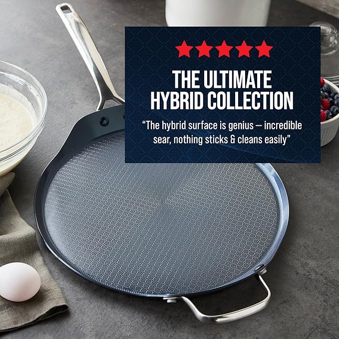 Blue Diamond Hybrid Nonstick Stainless Steel 12" Griddle Pan, XL Skillet, PFAS-Free Ceramic Diamond Bond Searing, Pancakes & Omelets, Dishwasher Safe, Stay-Cool Handle, Induction Ready, All Cooktops