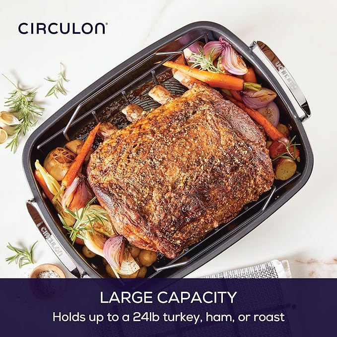 Circulon Ultra-Lasting Nonstick Roasting Pan with Rack, Roaster Pan with Easy Serve Rack, 17-Inch x 13-Inch, Black