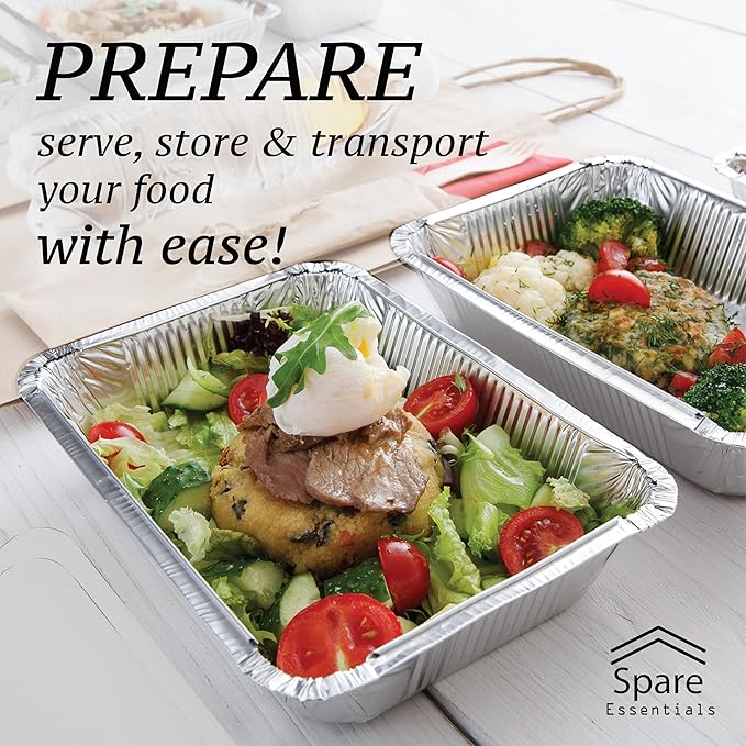 Spare Essentials 55 Pack - 2.25 LB To Go Aluminum Containers with Lids - Heat Proof Foil Tins for Meal Prep, Take Out, Freezer Meals