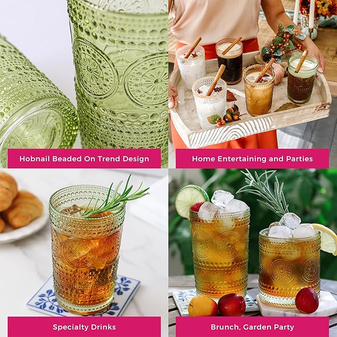 Hobnail Beaded Floral Green Drinking Glasses Set of 6, (13 oz) Vintage Glassware Set by Kate Aspen| Cocktail Glass Set, Juice Glass, Water Cups | Great Hostess Gift & Gift for New Home Owners