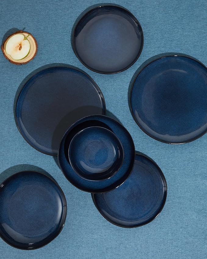 Pokini 32 Piece Starry Blue Dinnerware Set with Pasta Bowls, Coastal Reactive Glaze Stoneware for 8 | Complete Serving Set for Holiday Meals, Multi‑Dish Hosting & Family Celebrations