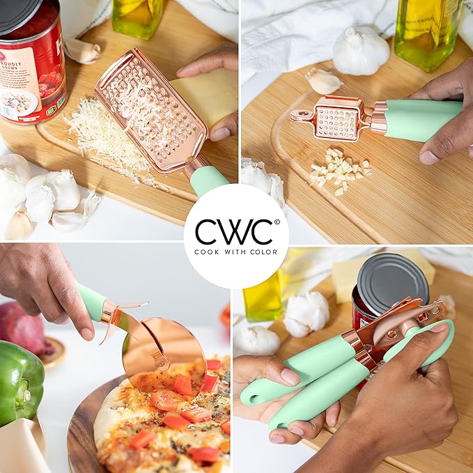 COOK WITH COLOR Kitchen Gadget Set Copper Plated Stainless Steel Utensils with Soft Touch Handles, Copper Mint, 7 Pieces