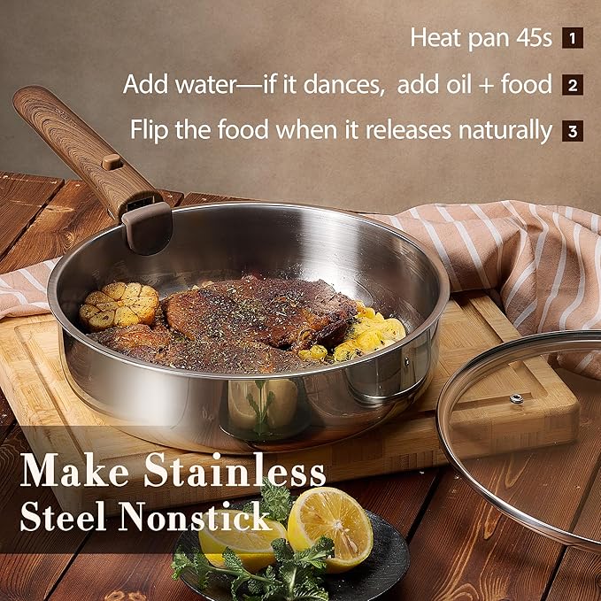 CAROTE 13pcs Tri-Ply Stainless Steel Cookware Set with Detachable Handle, Pots and Pans Set, Induction Kitchen Cooking Sets, RV/Camping Cookware, Oven Safe, Woodgrain Style
